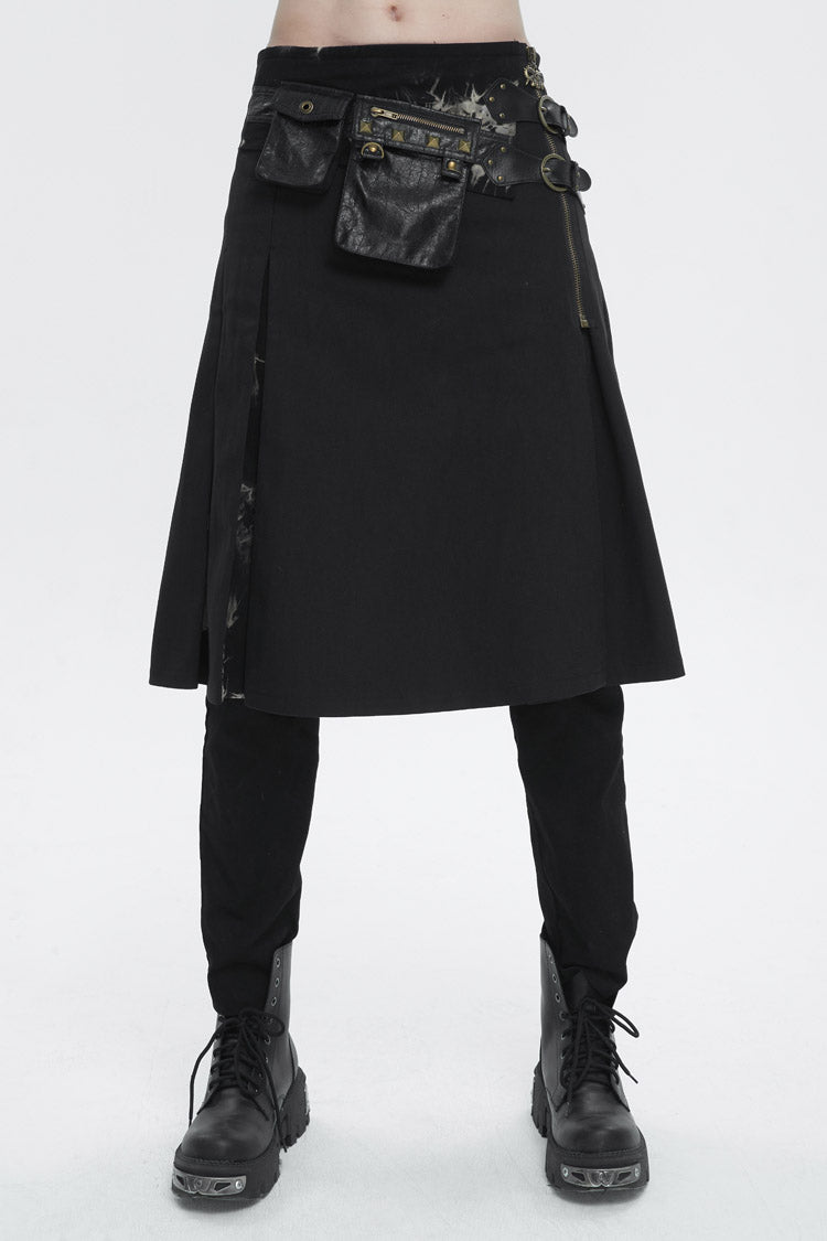 Black Tie-Dye Patchwork With Waist Bag Men's Gothic Skirt