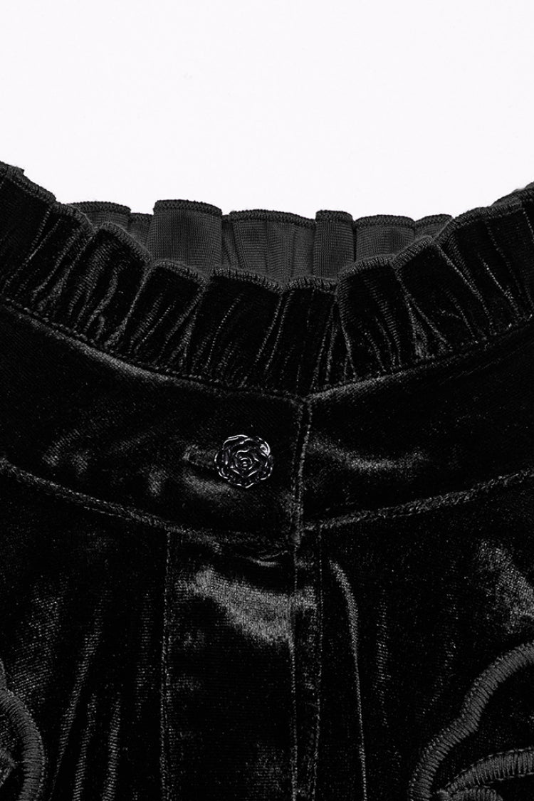 Blouse gothique noire à manches longues avec volants et broderie florale pour femmes 