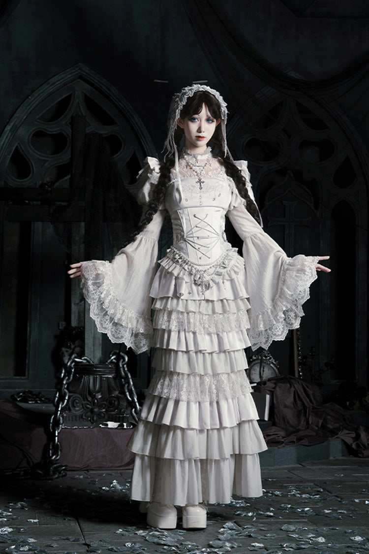 Solid Color [Bionic Doll] Square Collar Multi-Layered Ruffle Bowknot Lace-Up Gothic Lolita Fishtail Skirt Corset Set