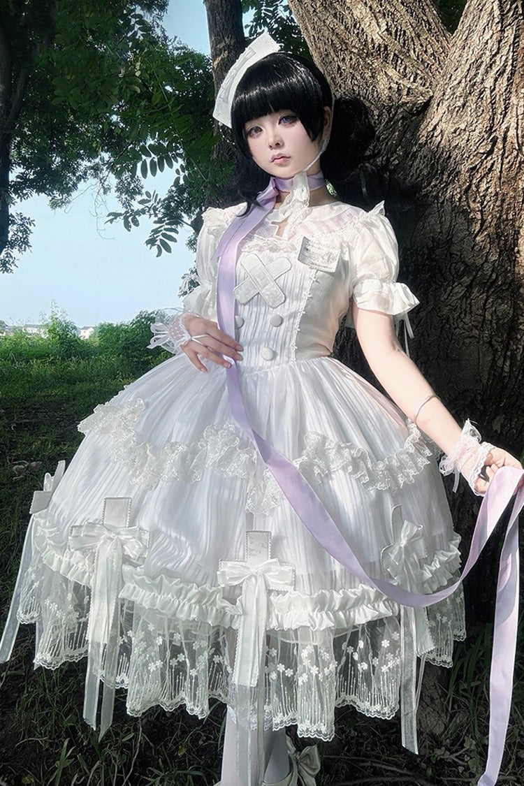 White Short Sleeves Ruffle Bowknot Lace Gothic Elegant Lolita Dress