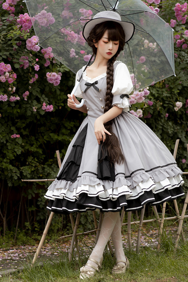 Gray Steel Rose Ruffle Bowknot Vintage Elegant Princess Lolita Dress
