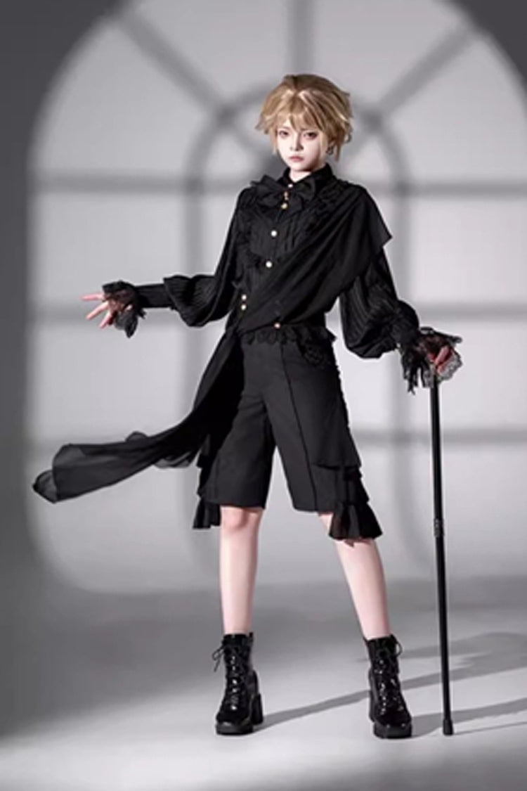 Black [Eternal City] Long Sleeves Lace Gothic Prince Medieval Ouji Lolita Blouse Knee-Length Shorts Set
