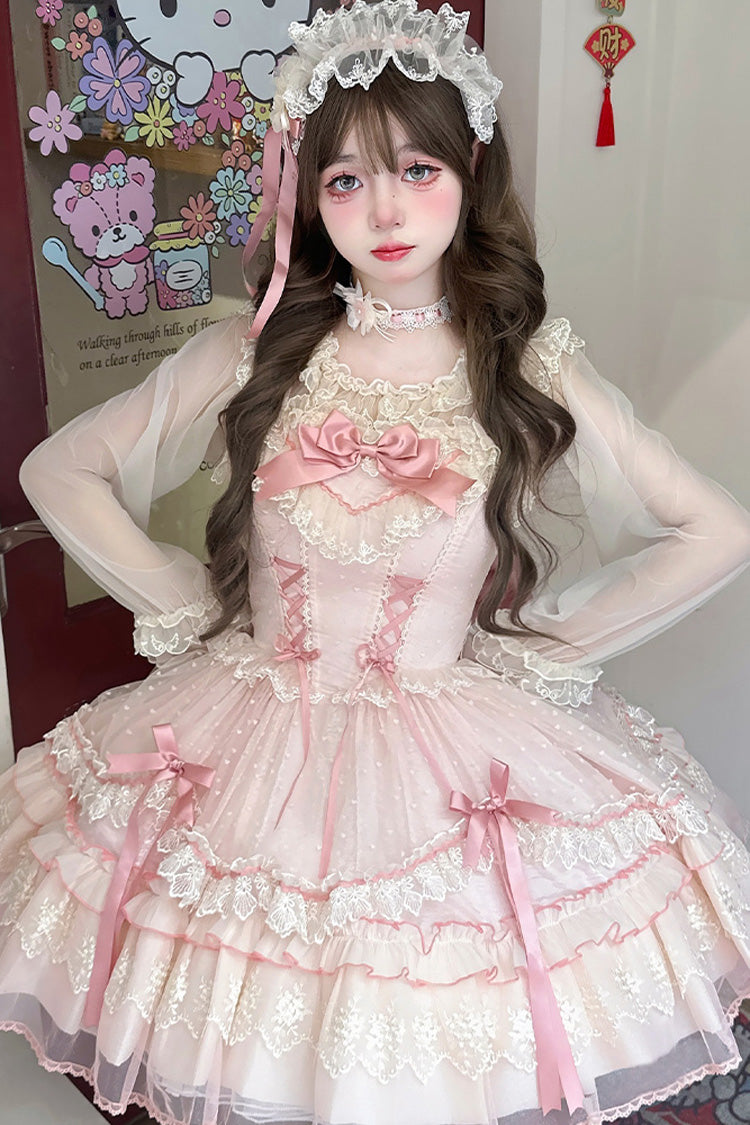 Pink [Candy House] Sleeveless Ruffle Bowknot Lace Lace-Up Sweet Lolita Jsk Dress