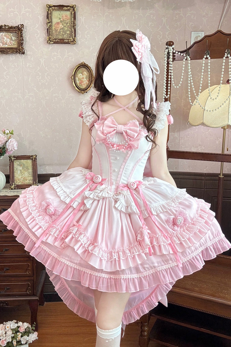 Rosa [Peach Mist Melody] Süßes Lolita-Kleid mit quadratischem Kragen, Flatterärmeln, mehrlagigem, vorne offener Schleife, Spitze und Perlendetail