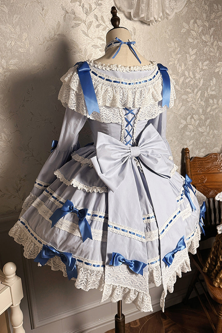 Blue/White [Rabbit Sleeping Doll] Long Trumpet Sleeves Ruffle Bowknot Lace Sweet Lolita Dress