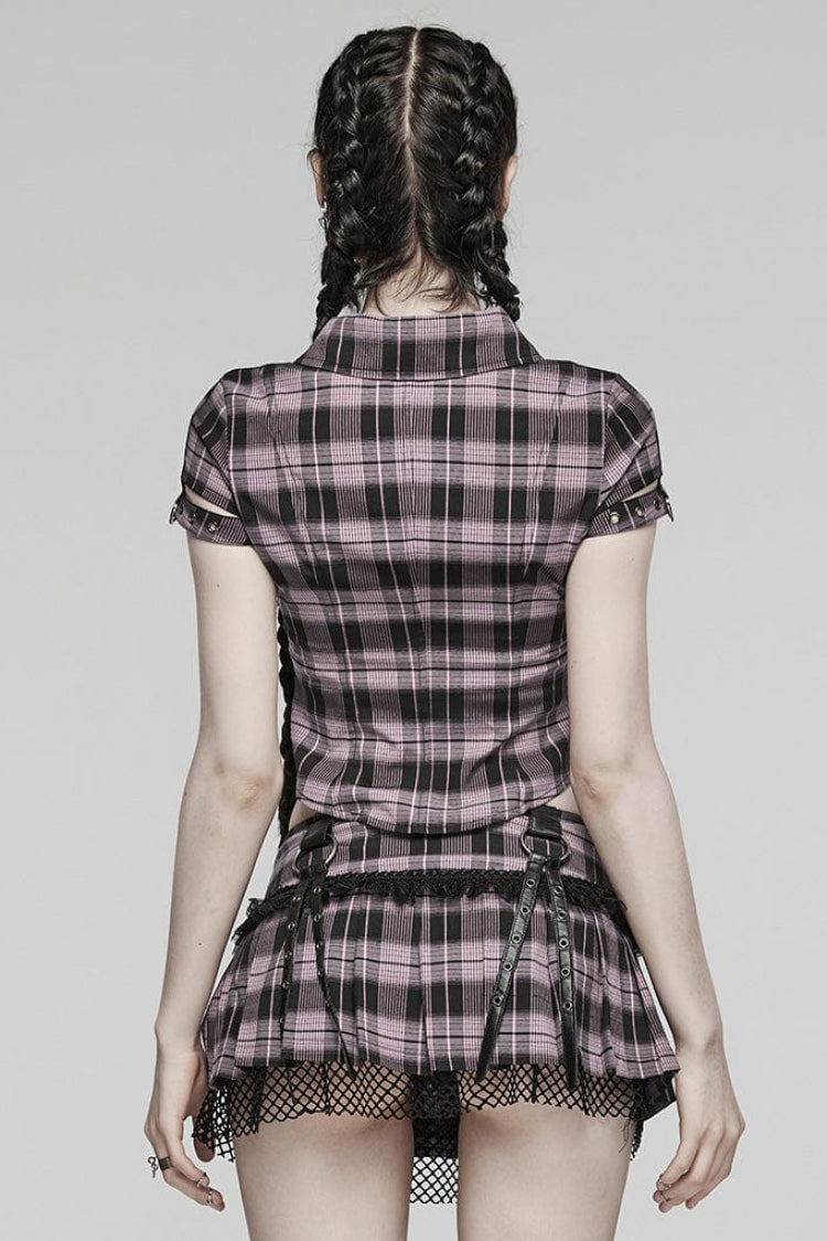 Damen Bluse mit kurzen Ärmeln, Karomuster, hohle Spitze, Steampunk-Stil, 2 Farben