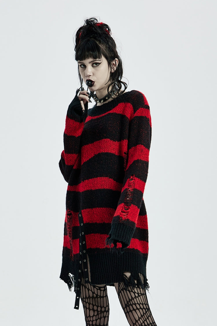 Gestreifter Print, lange Ärmel, zerrissenes Mesh, Steampunk-Strickpullover für Damen, 2 Farben