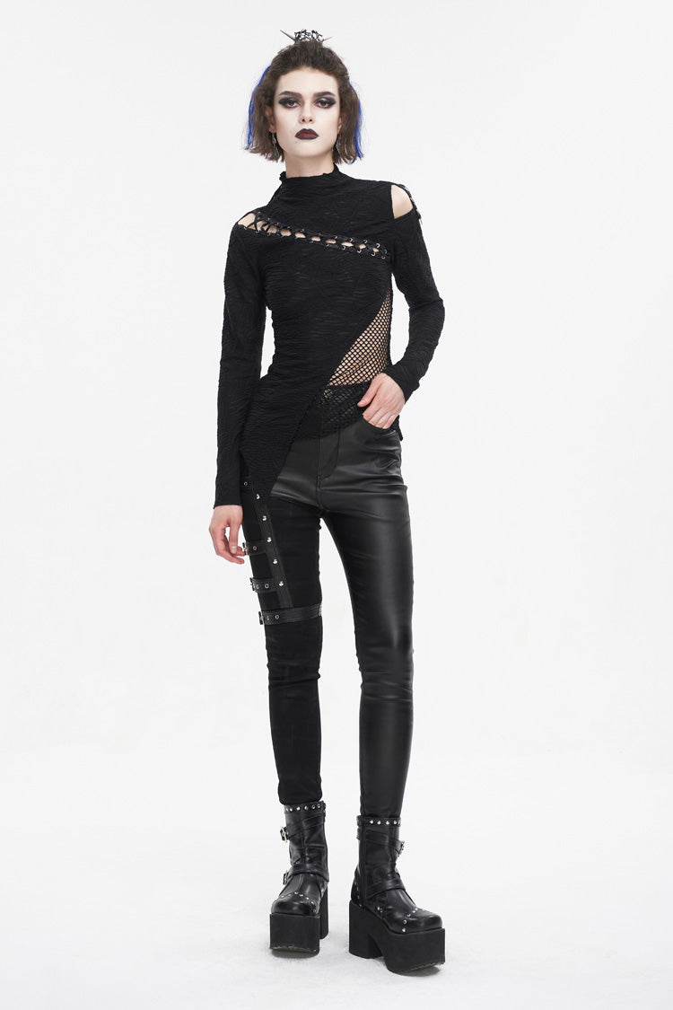 Black Tight Leather Multi Buckle Splice Women's Punk Pants