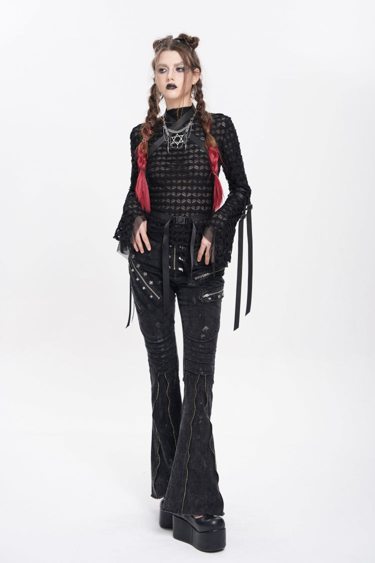 Black Zipper Pleated Women's Punk Flared Pants