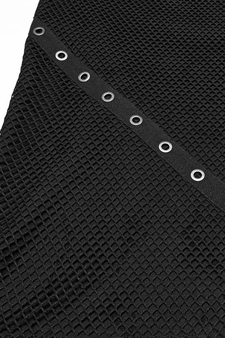 Black Round Collar Sleeveless Stitching Mesh Ripped Men's Punk Vest