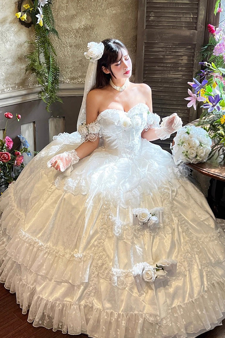 Blanc [Amour et Roses] Volants Hanayome Nœud Papillon Dentelle Douce Princesse Lolita Jsk Robe 
