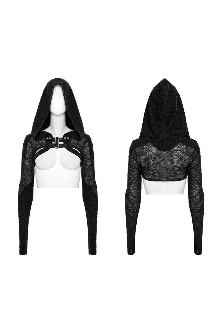 Schwarze Steampunk-Jacke für Damen aus Stretch-Strick mit abnehmbarer Kapuze und Streifenschnallen