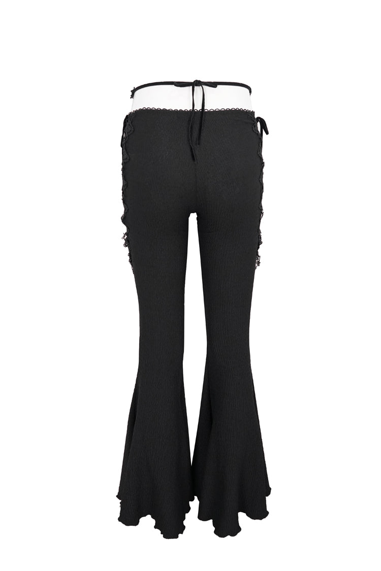 Black Low-Rise Lace Gem-Embellished Bilateral Lace-Up Cutout Flared Women's Gothic Pants