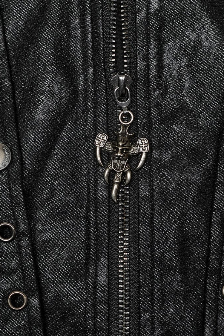 Black Crackled Mesh Hollow Stitching Hooded Mens Steampunk Coat