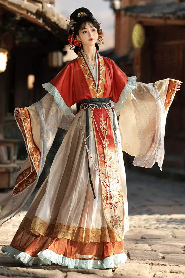 [Fée vêtue de nuages] manches longues imprimé à volants brodé classique Style chinois Hanfu ensemble de robe 2 couleurs