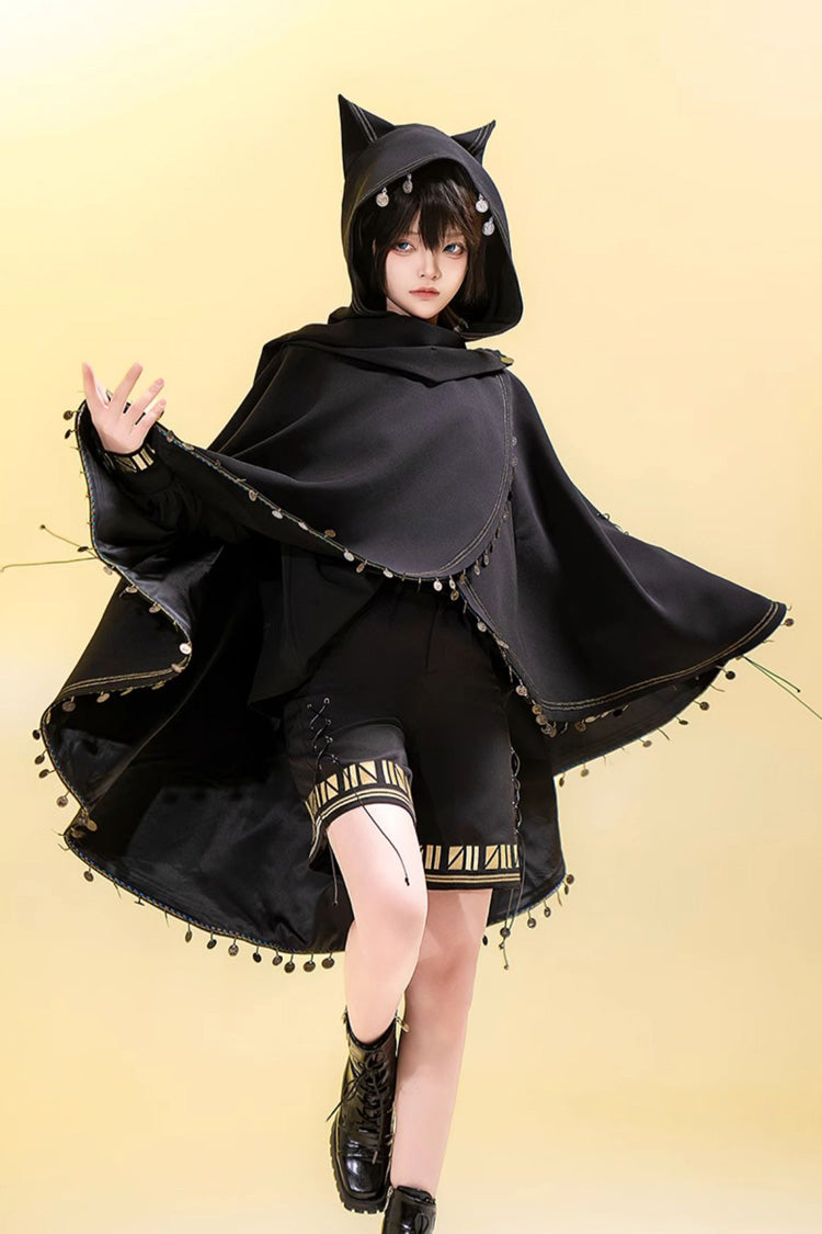 Black [Black Cat] Embroidery Cat Ears Hooded Ouji Gothic Prince Handsome Lolita Cloak