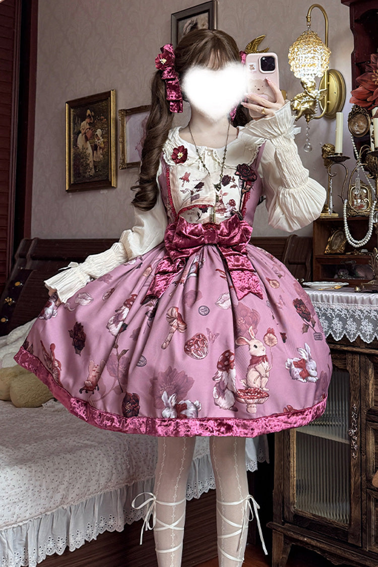 Red Sleeveless Rabbit Sunflower Print Ruffle Embroidery Bowknot Sweet Lolita Jsk Dress Short Version