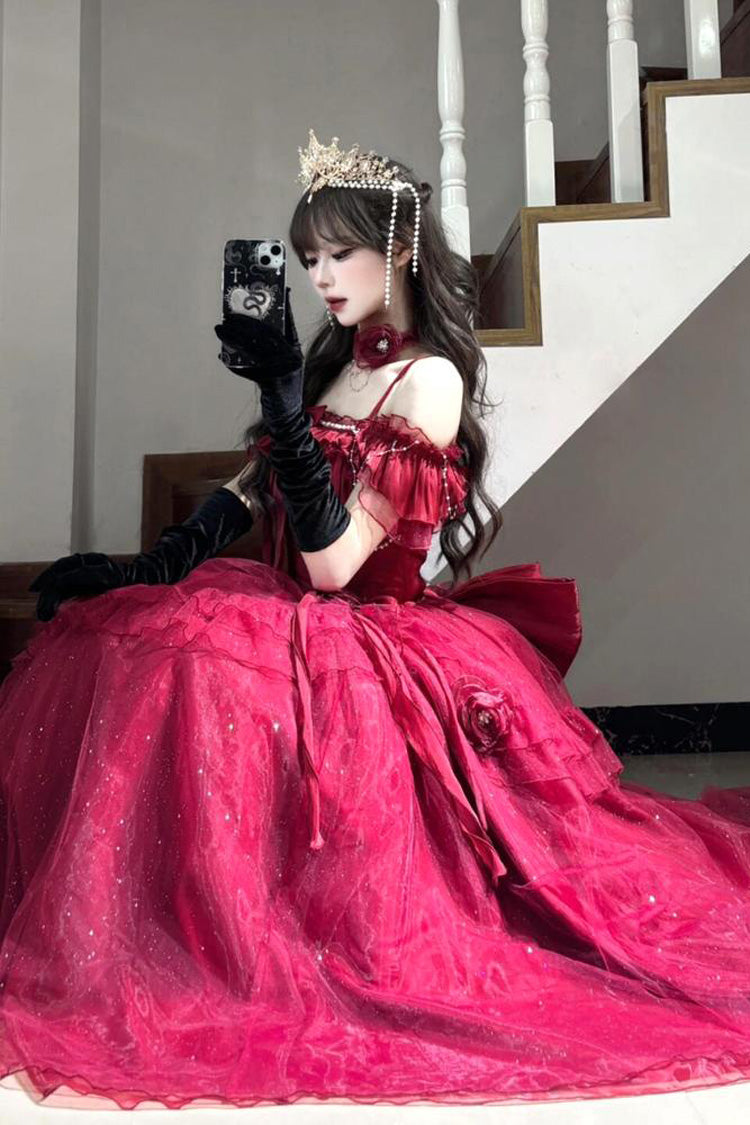 Red [Bright Stars] Off Shoulder Ruffle Bowknot Asymmetric Sweet Elegant Princess Lolita Dress