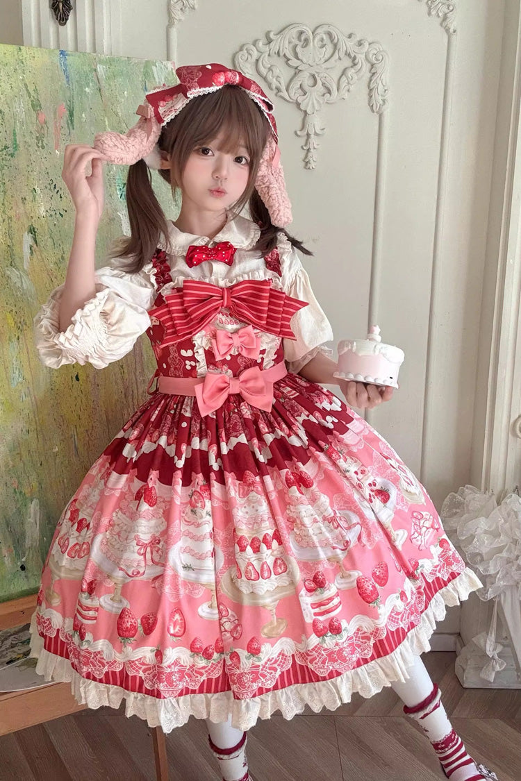 Red/Pink [Strawberry Cake] Printed Ruffled Bow Daily Sweet Lolita Jsk Dress