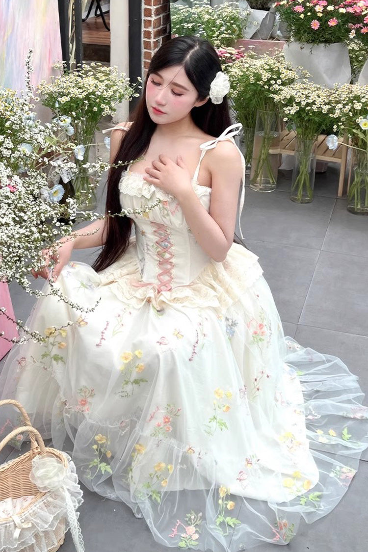 Off White Spring Bouquets Romantic Ruffle Embroidery Bowknot Mesh Sweet Lolita Jsk Dress