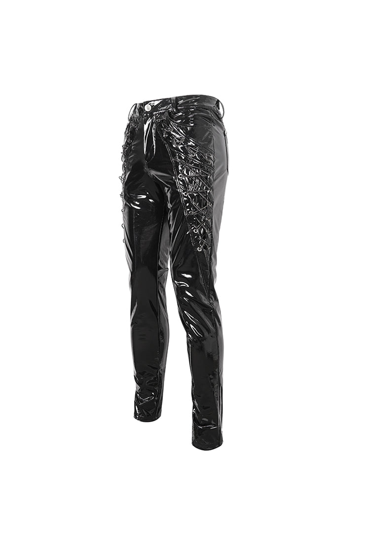 Black Lace Up Patent Leather Men's Punk Pants