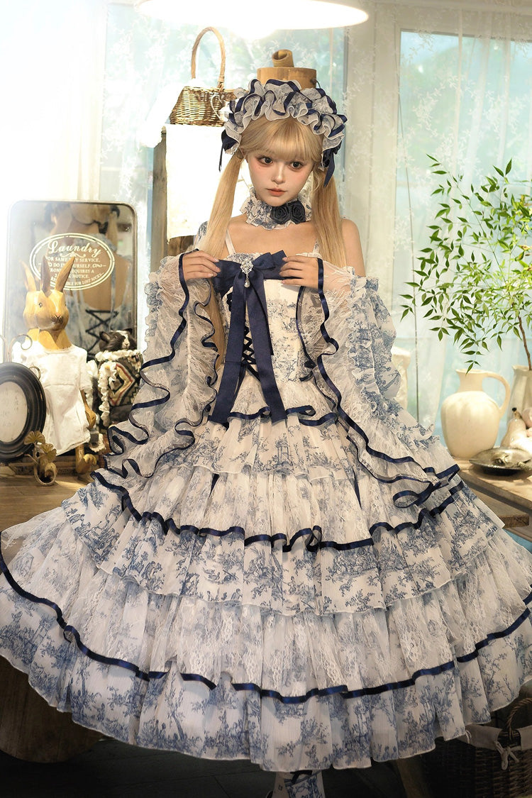 Blue/White Sleeveless Multi-Layered Print Bowknot Fishbone Sweet Classic Chinese Style Lolita Jsk Long Dress