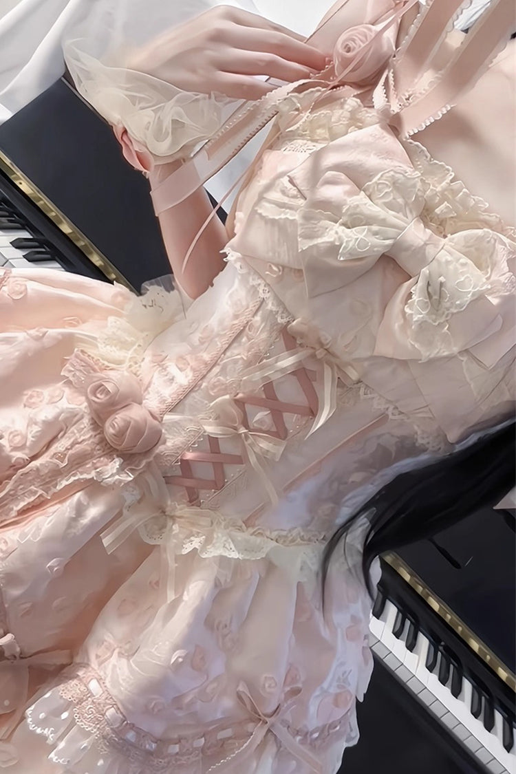 Pink [Floral Overture] Double-Layered Ruffle Embroidery Bowknot Lace Sweet Lolita Jsk Dress