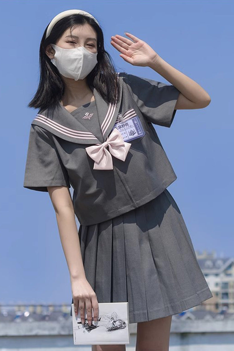 Grey Sweet College Style Navy Collar Japanese School Pleated Skirt