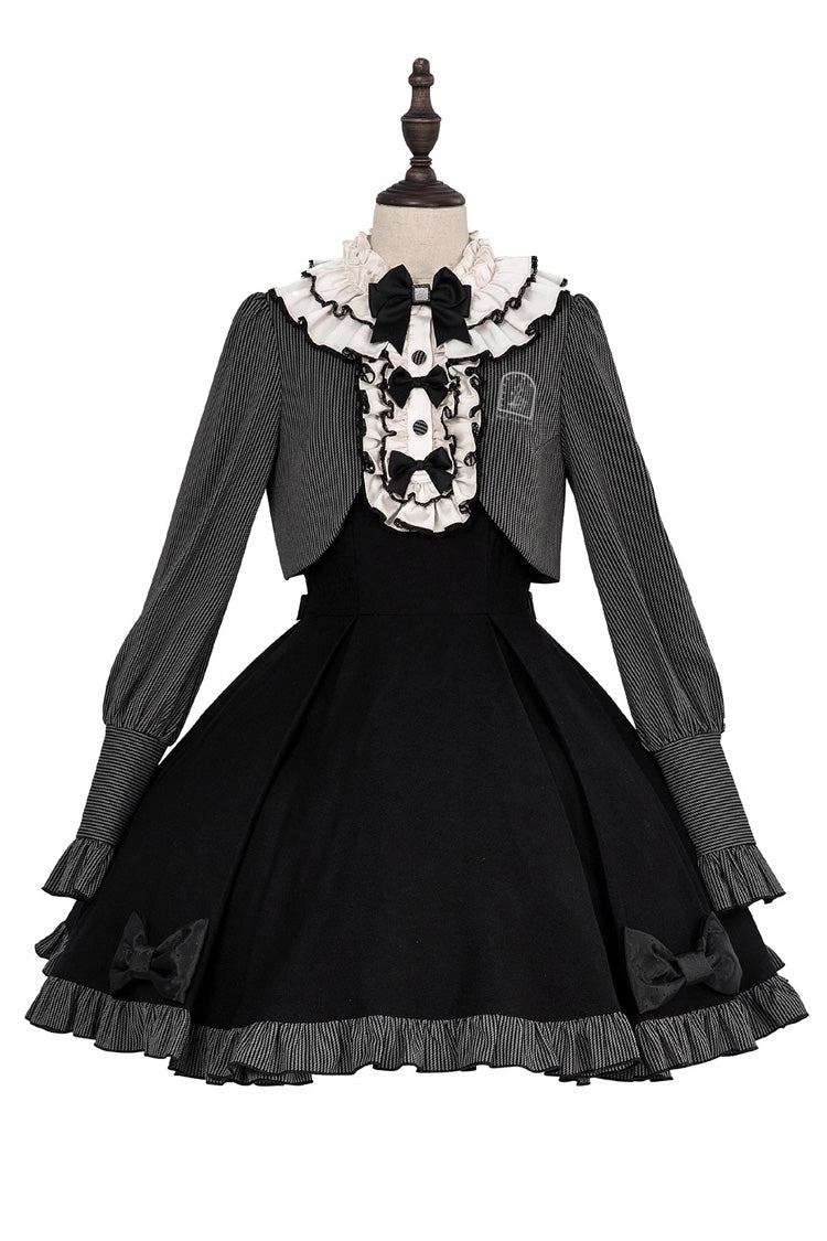 Black Long Sleeves Stripe Print Ruffle Stitching Two-In-One Gothic Elegant Lolita Dress