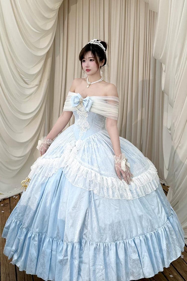 Blaues [Midnight Magic at Twelve] ärmelloses, gerüschtes, mit Perlen verziertes Prinzessin-Lolita-Kleid mit Hanayome-Schleife und Spitze