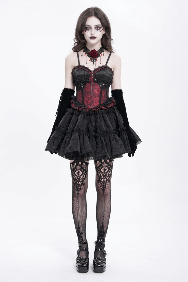 Rotes ärmelloses Rüschenstickerei-Schnürung Damen Gothic Tank Top 