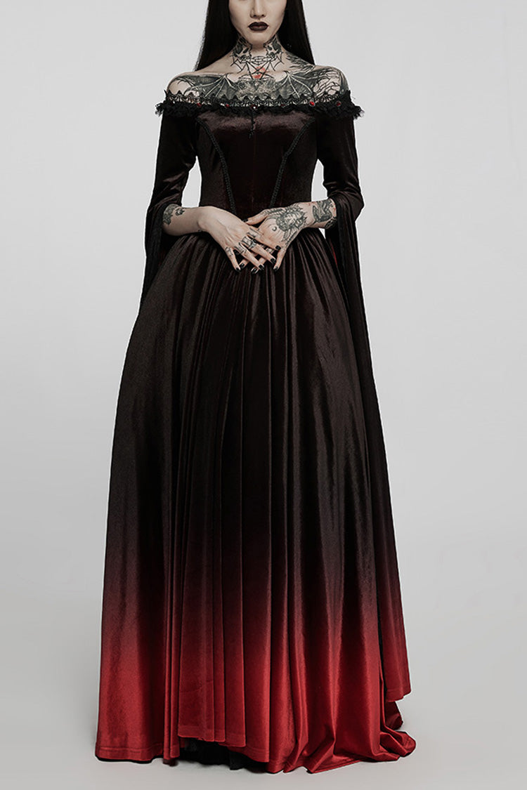 Black/Red Off Shoulder Long Trumpet Sleeves Gradient Lace Women's Gothic Dress