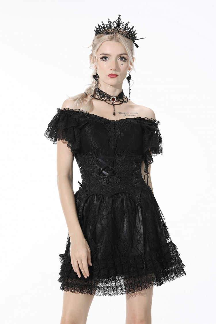 Schwarzes, tiefes V-Kragen, kurze Ärmel, gerüschte Spitze, sexy schwarzes Gothic-Crop-Top für Damen