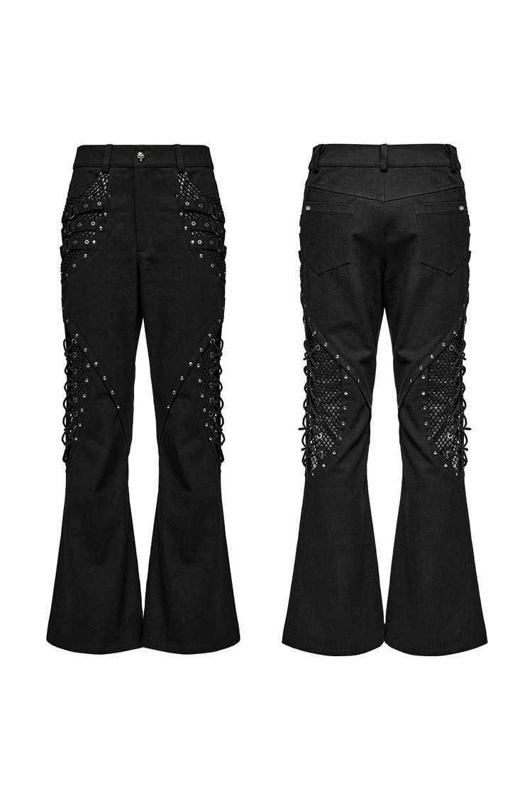 Black Stitching Lace-Up Mesh Men's Gothic Flared Pants