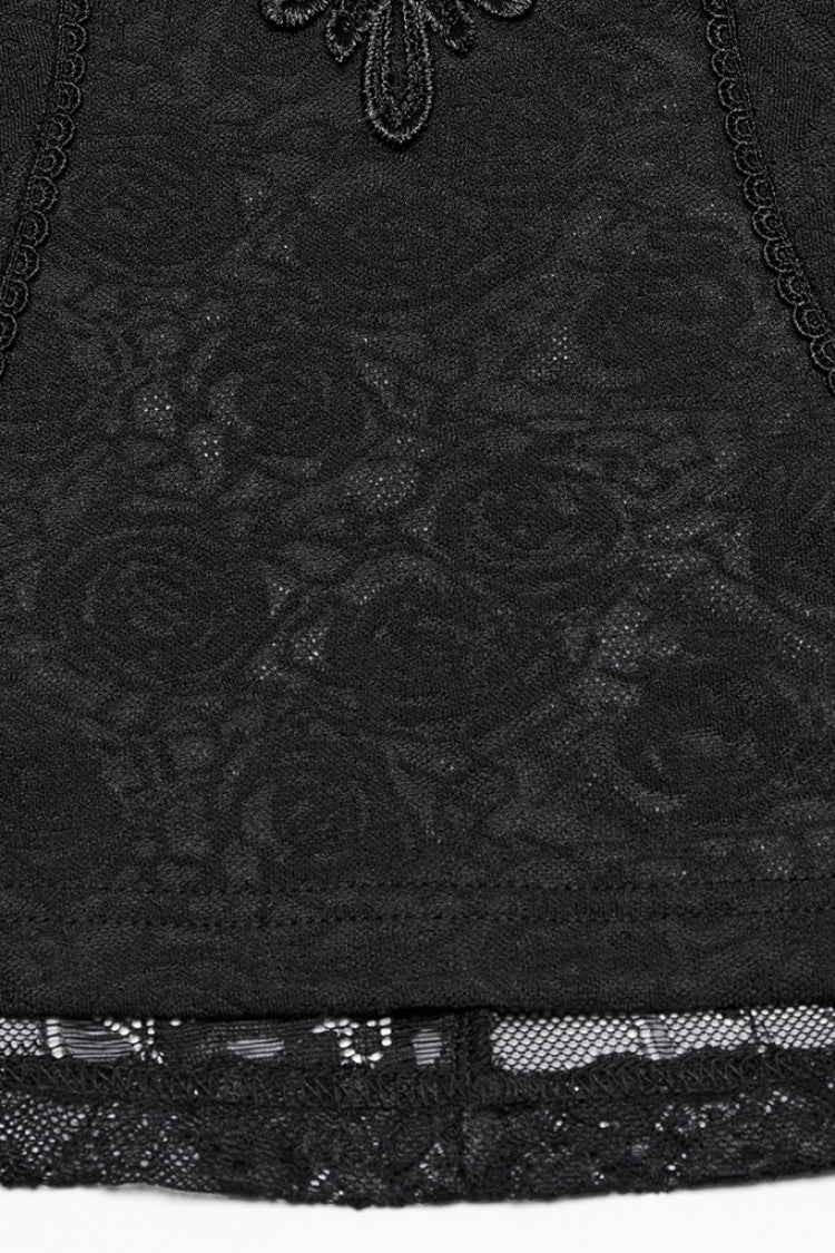 Black Stand Collar Short Sleeves Ruffle Hollow Embroidery Lace Sheer Women's Gothic Blouse