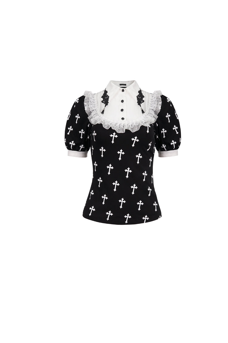 Black/White Cross Printed Chest Paneled Chiffon With Lace Collar Applique? Lace Strap Pendant Women's Punk Shirt