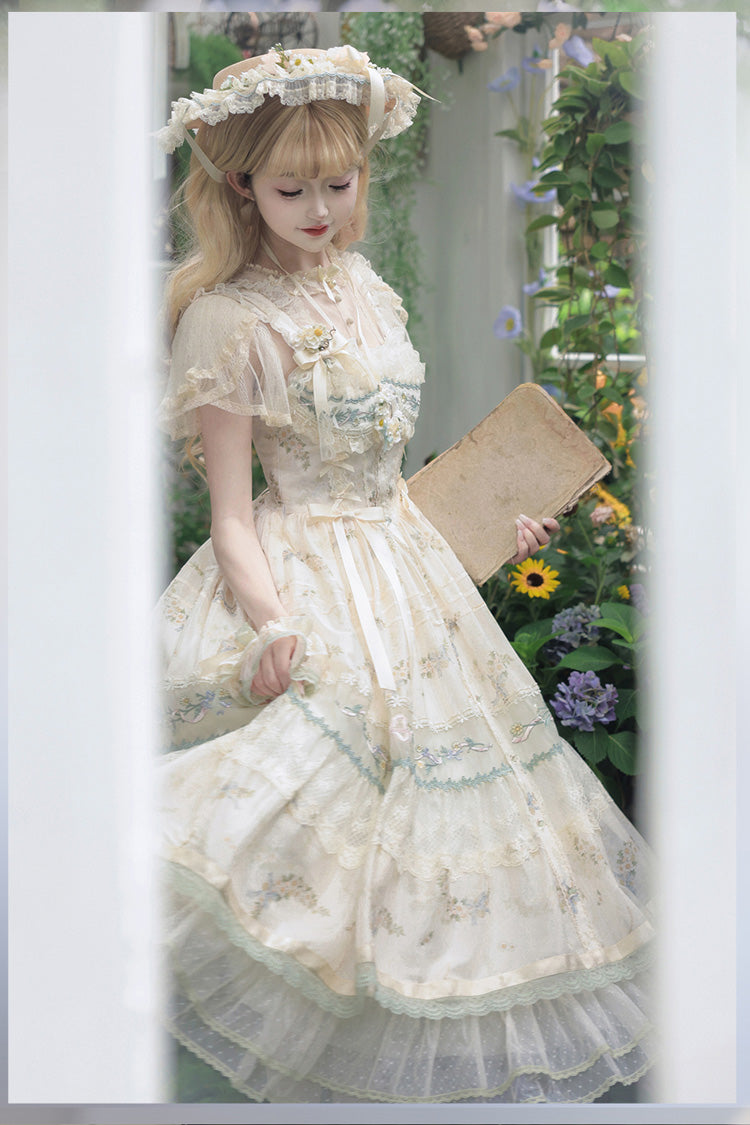 Multi-Color [Daisy Poetry] Print Ruffle Hollow Embroidery Lace Sweet Elegant Princess Lolita Jsk Dress