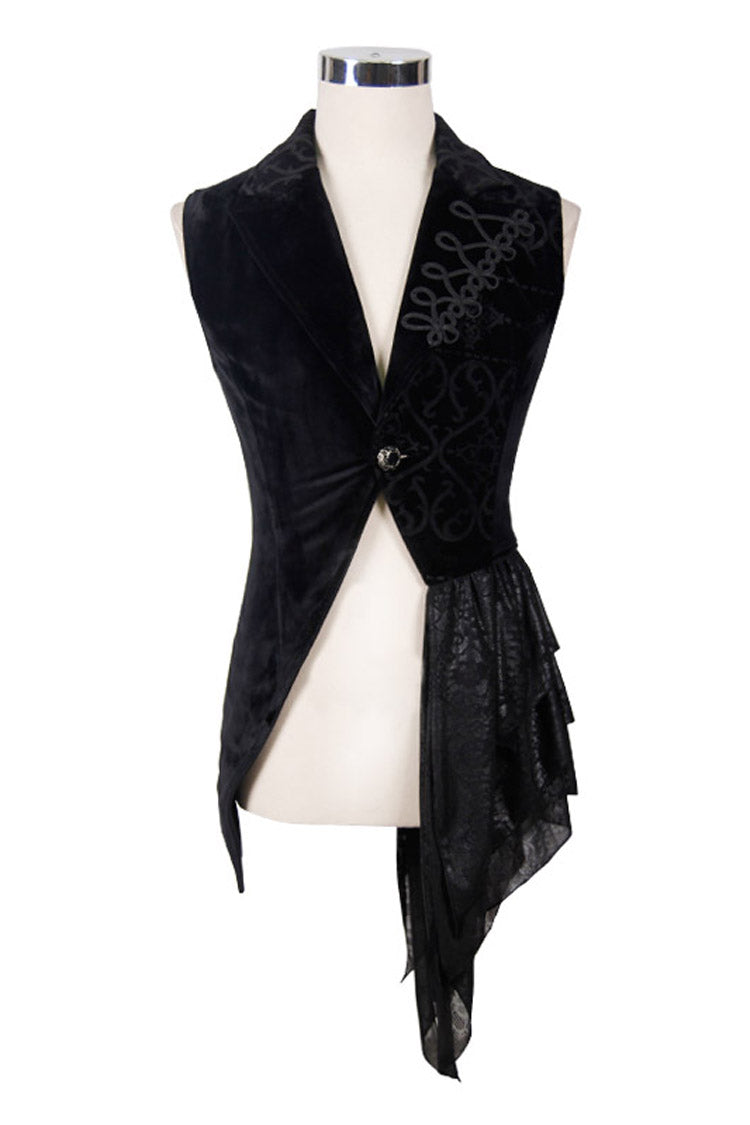 Black Spun Velvet Chinese Frog Button Floral Spiral Pattern Asymmetrical Hem Lace Up Men's Gothic Waistcoat