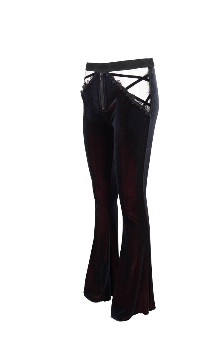 Black/Red Velvet Low-Rise Ribbon Cutout Flare Women's Gothic Pants