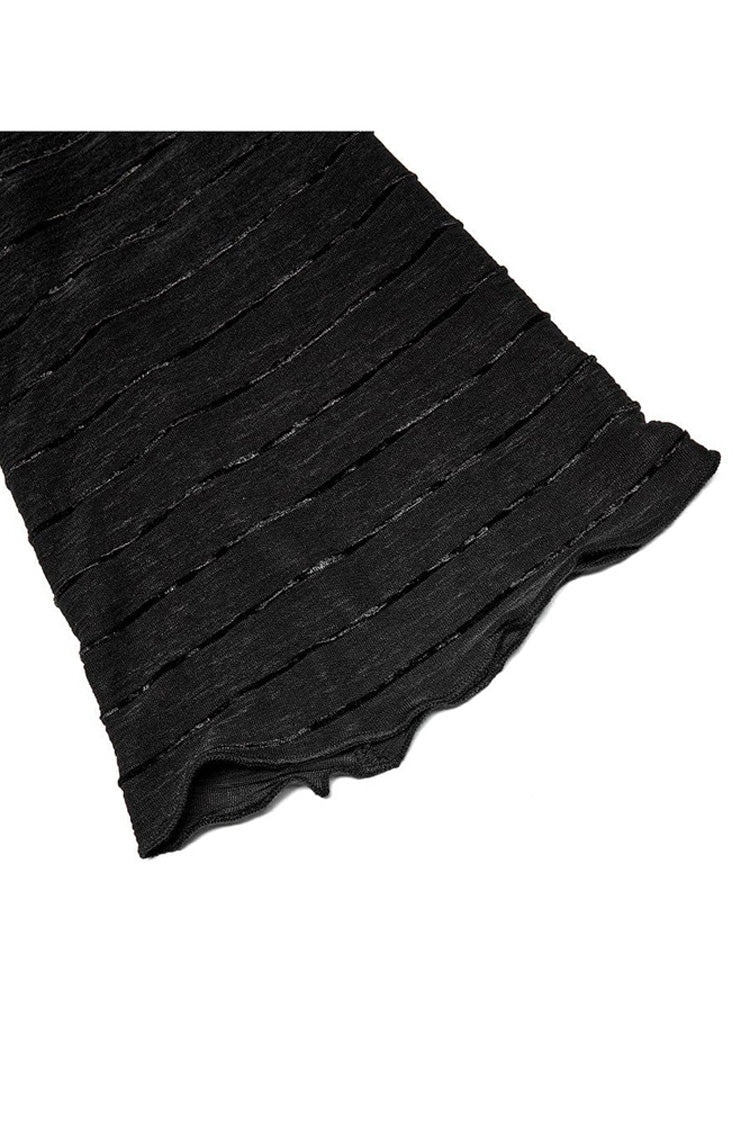 Black Gothic Velvet Striped Light Flared Sleeve Asymmetric Hem Sexy Long Sleeve Women's T-Shirt