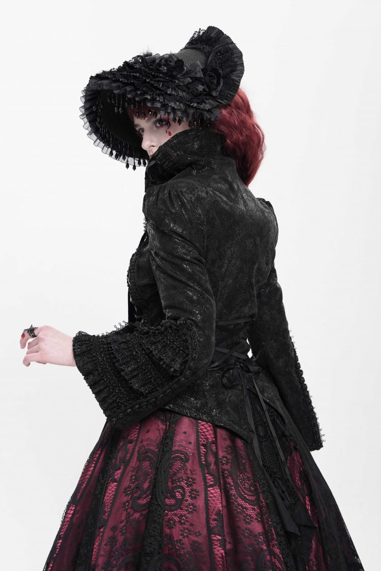 Black Lapel Collar Long Trumpet Sleeves Ruffle Lace-Up Zipper Women's Gothic Jacket