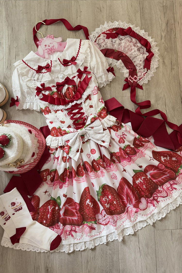 [Süße Beeren Geschichte] Erdbeerprint Rüschen Schleife Spitze Süßes Lolita Jsk Kleid 4 Farben 