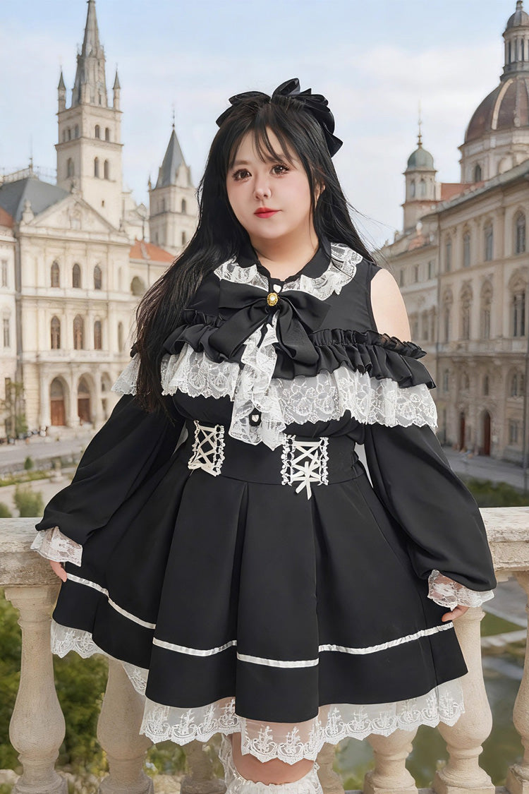 Black Off Shoulder Long Sleeves Ruffle Bowknot Lace Sweet Plus Size Princess Jirai Kei Skirt Blouse Set