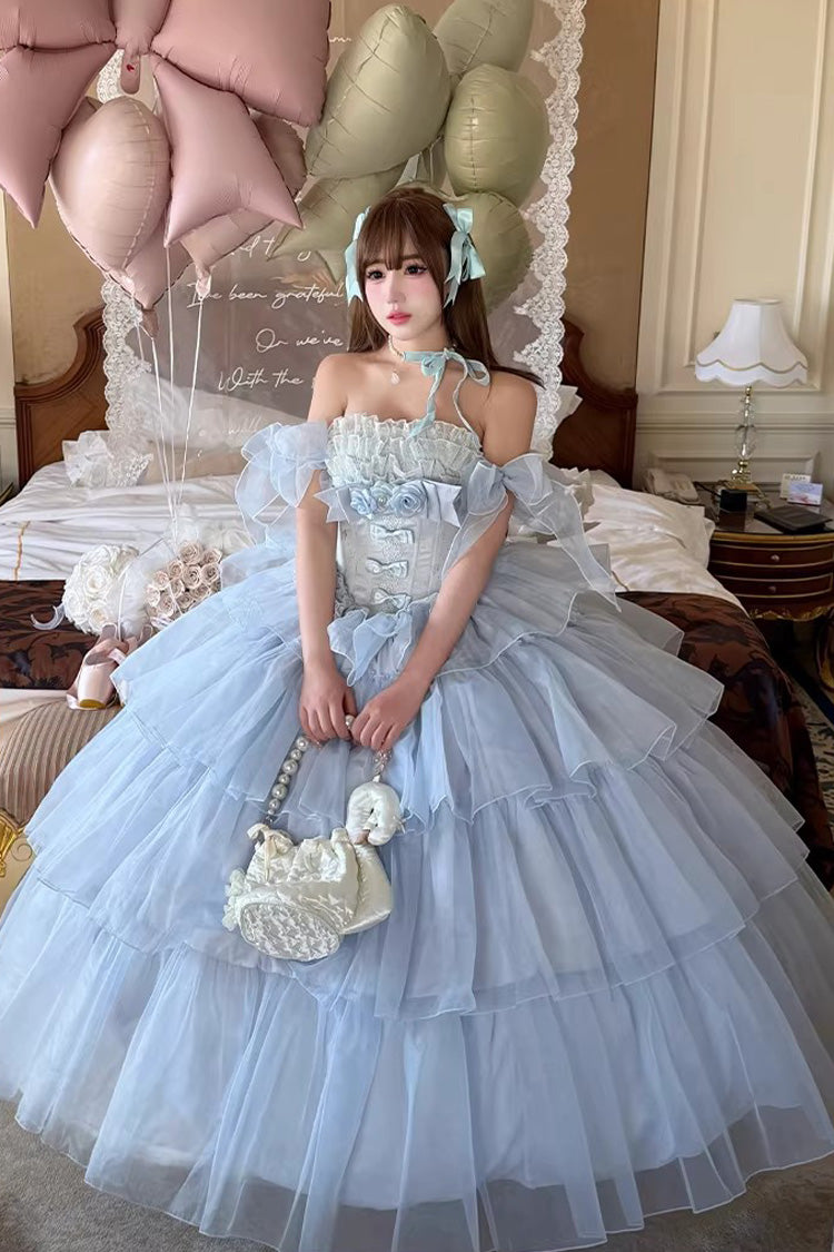 Blaues [Mousse Love Song] ärmelloses, mehrlagiges, gerüschtes Hanayome-Schleifen-Sweet-Lolita-Kleid