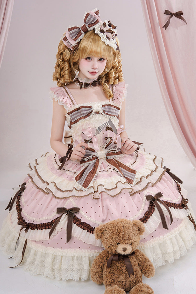 Pink [Shengqiao Tata] Sleeveless Print Ruffle Bowknot Lace-Up Sweet Elegant Lolita Jsk Dress
