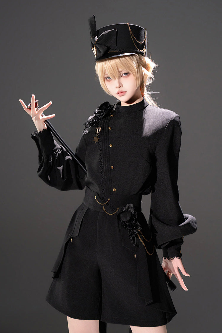 Schwarzes [Will of the Rose] Rundkragen, lange Ärmel, asymmetrisches Gothic-Vintage-Elegantes Ritter-Prinzen-Ouji-Lolita-Blusen-Shorts-Set