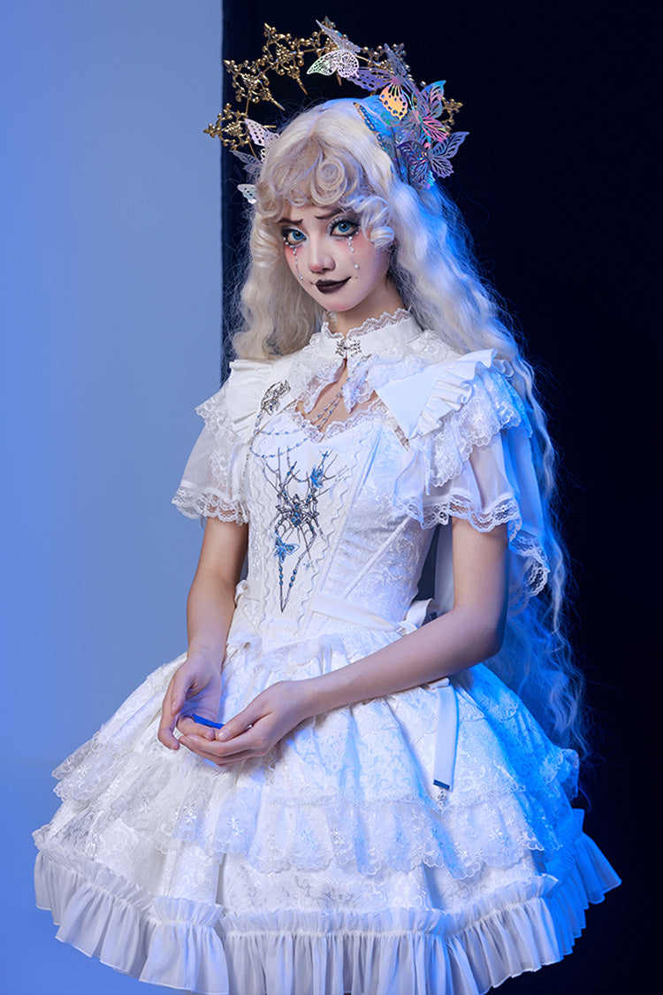 White Sleeveless Spider Embroidery Bowknot Lace Gothic Princess Lolita Skirt Two-piece Set