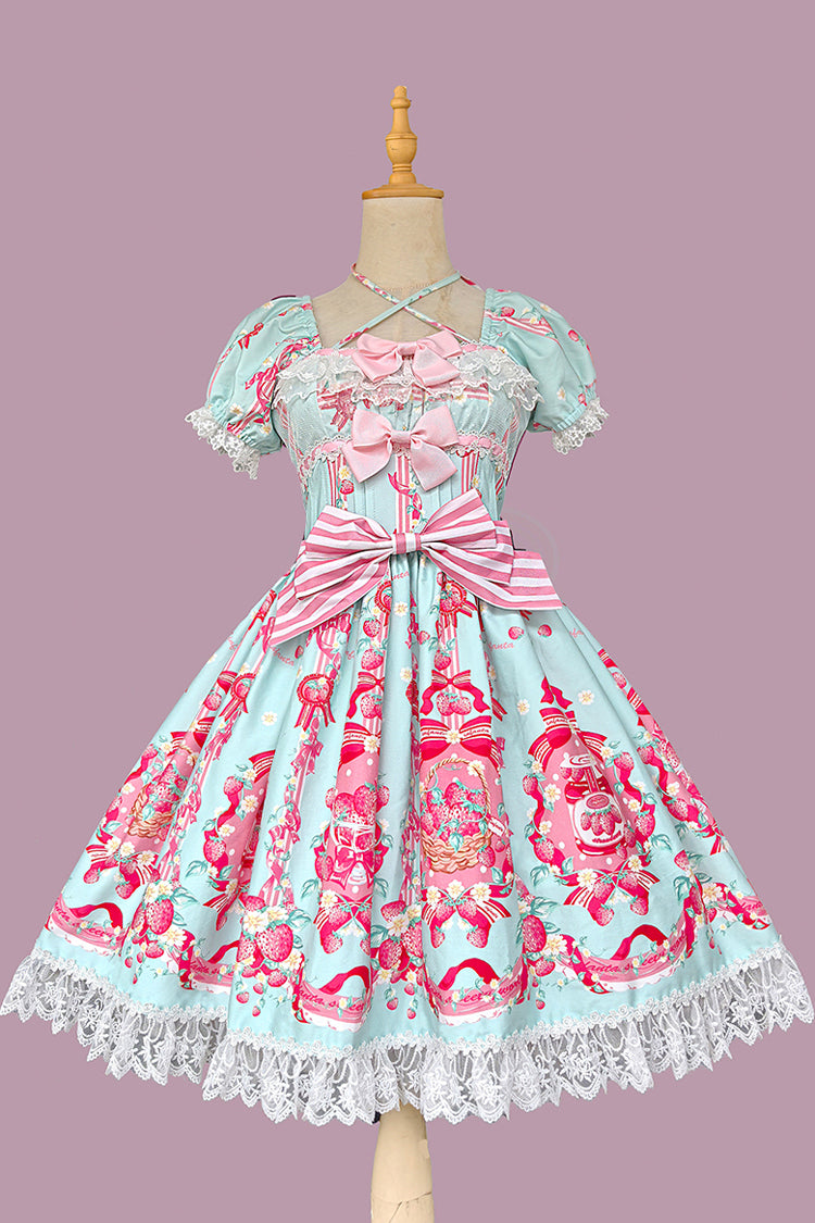 [Strawberry Chef] Short Sleeves Print Bowknot Lace Sweet Lolita Dress 4 Colors