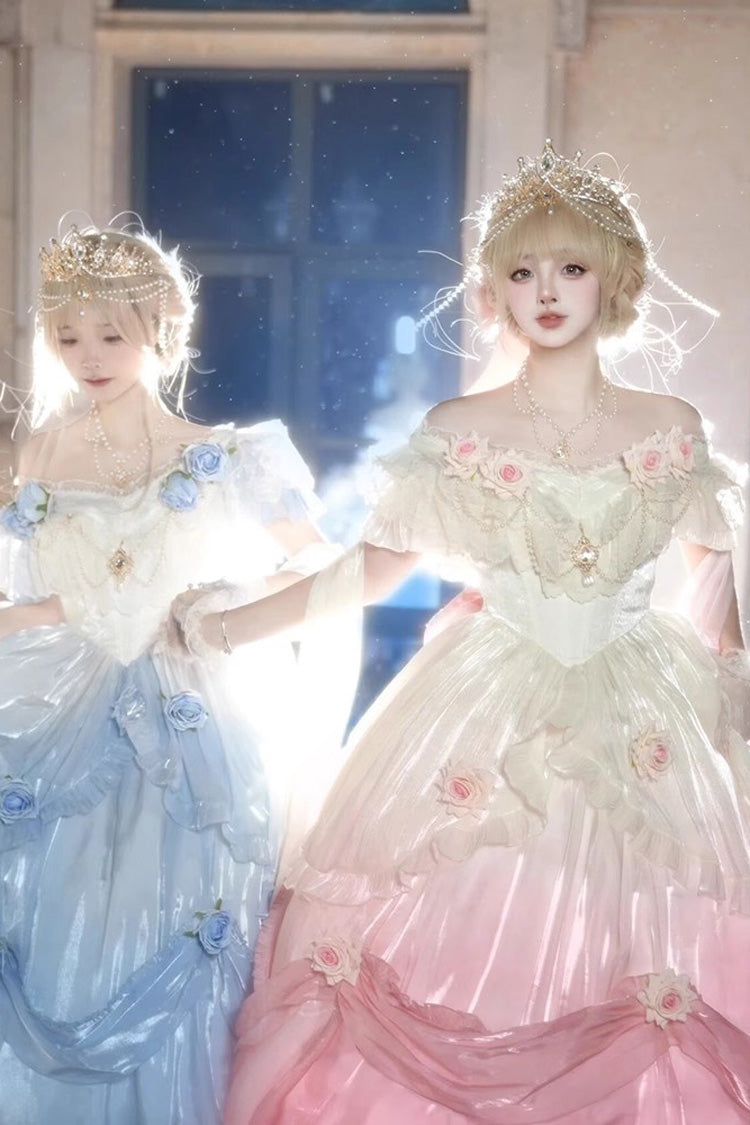 Gradient Color Short Sleeves Multi-layer Ruffle Bowknot Sweet Elegant Princess Lolita Dress 3 Colors