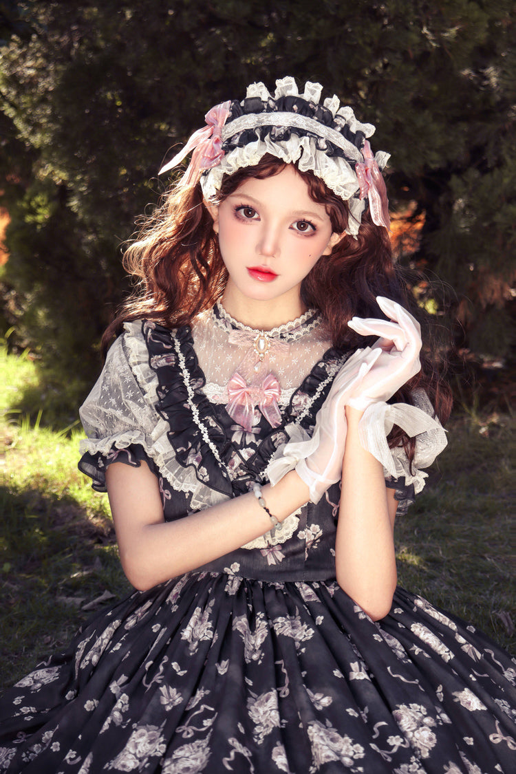 [Daydream Rose] Kurzärmliges Kleid mit Blumen-Jacquard-Print, Rüschenstickerei, Schleifenknoten, Sweet Lolita, in 3 Farben 
